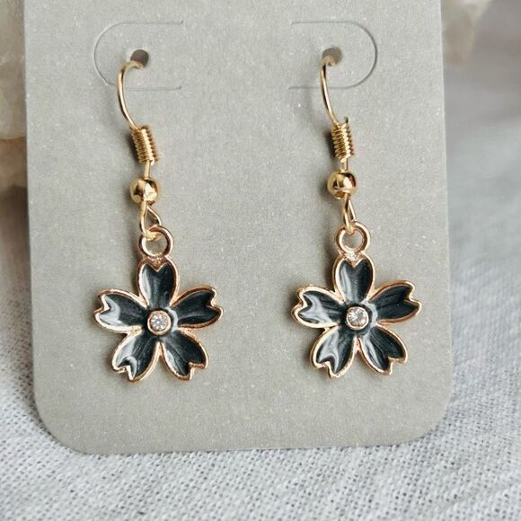 3/$15 Yellow Gold Black Enamel Rhinestone Flower Dangle Earrings - Picture 4 of 4